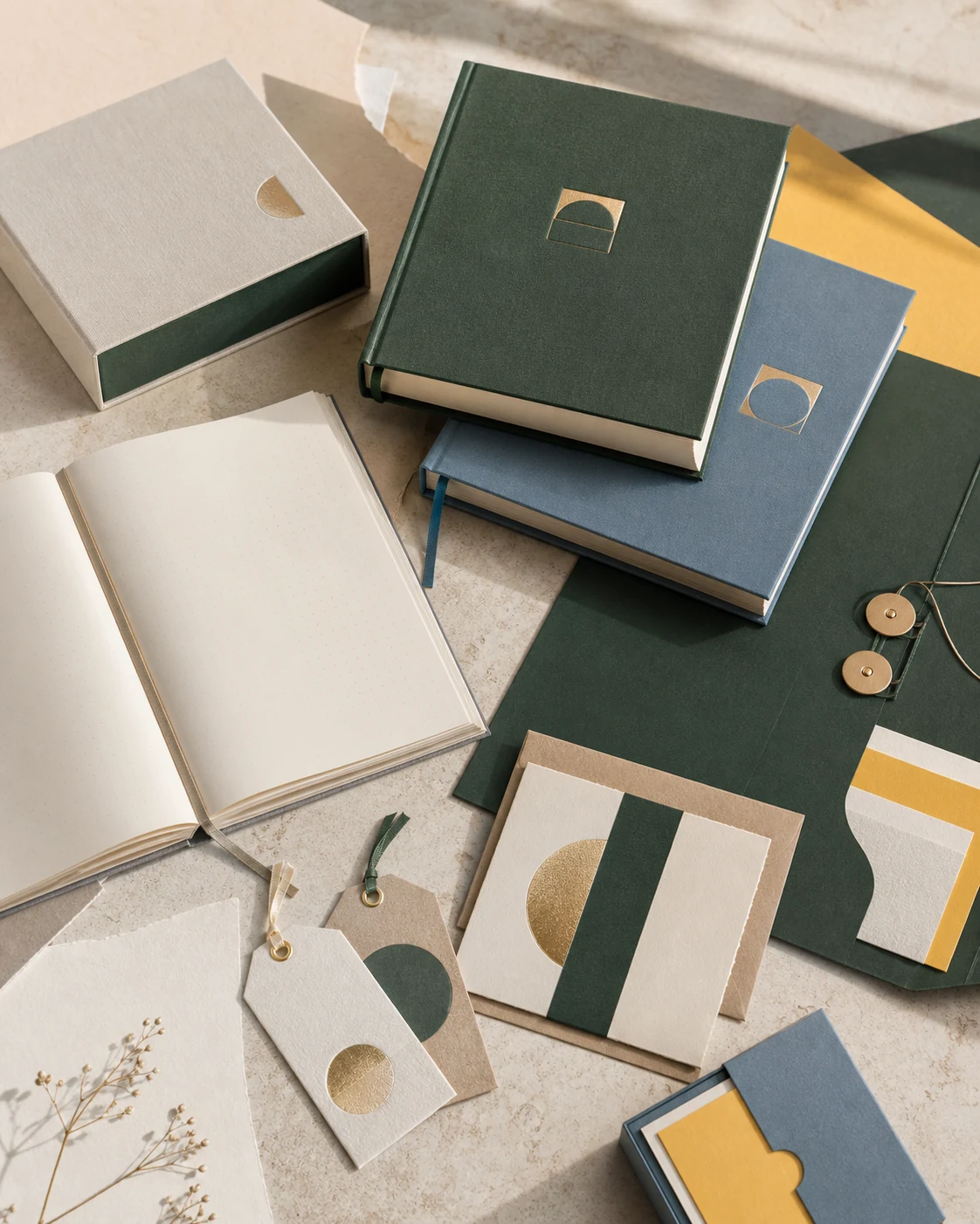 Planners, cadernos e papelaria premium em composição editorial