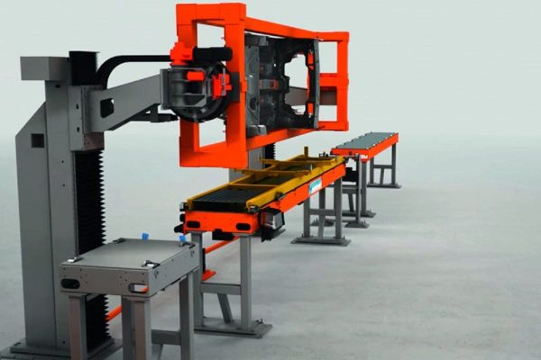 Unidade de Elevação Rotativa. Para transporte flexível da carroceria do carro para as posições ideais de soldagem.